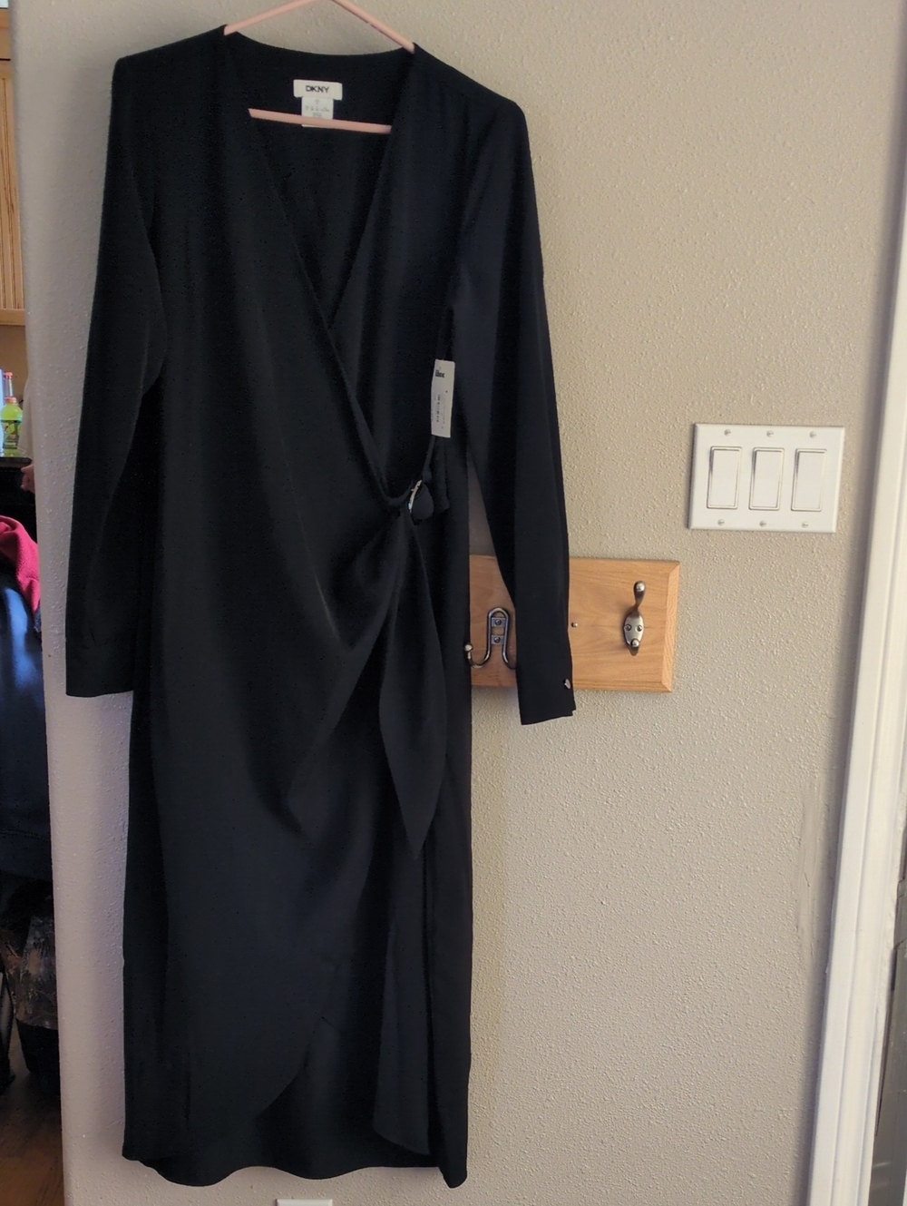DKNY Black Long-Sleeve Wrap Midi Dress